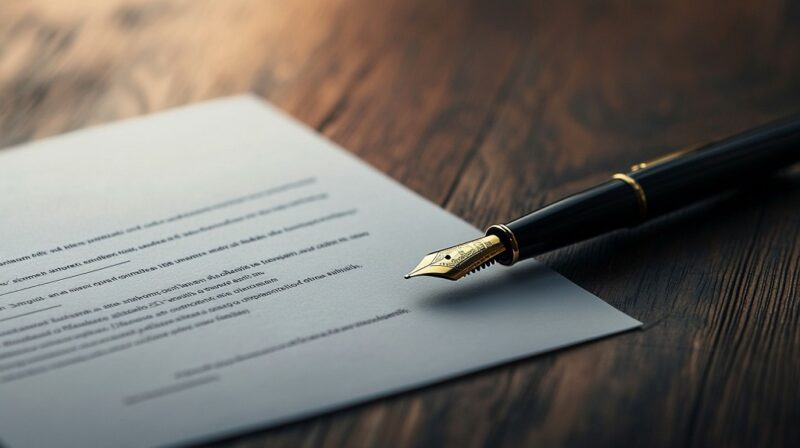 Legal document with fountain pen on wooden desk