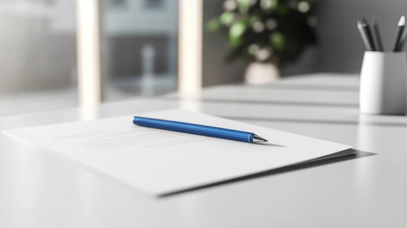 Blank contract on a modern office desk with a blue pen