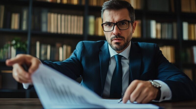 Serious lawyer pointing at a contract across the table