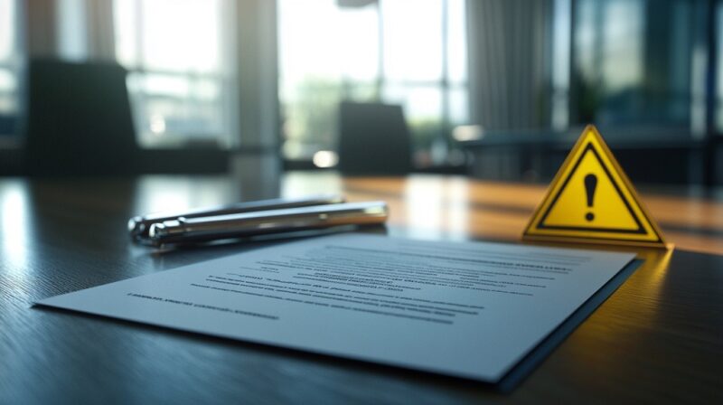 Contract with warning triangle symbol indicating potential legal risks
