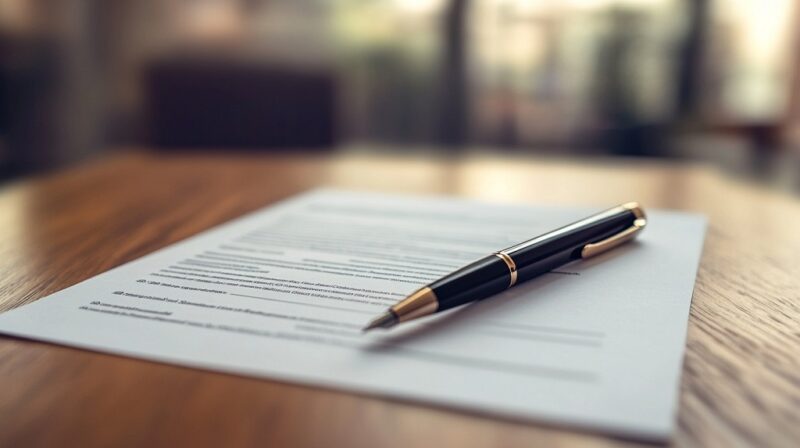 Close-up of a formal agreement and signature pen