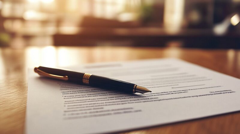 Formal contract with a pen placed on top, ready for signing