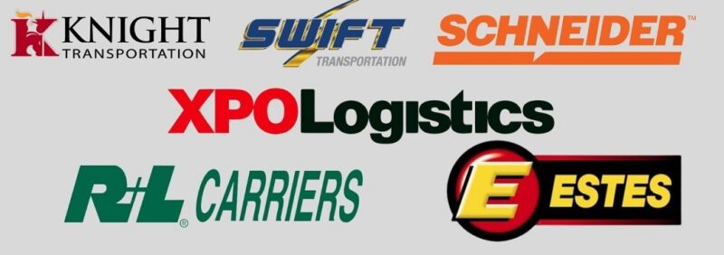 Logos of top FTL shipping carriers including Knight Transportation, Swift Transportation, Schneider, XPO Logistics, R+L Carriers, and Estes