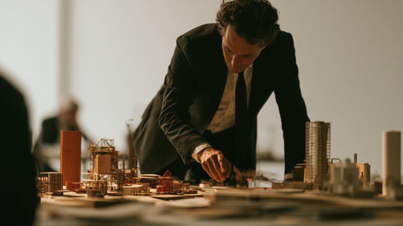 Business professional reviewing a detailed model layout representing financial planning and analysis.