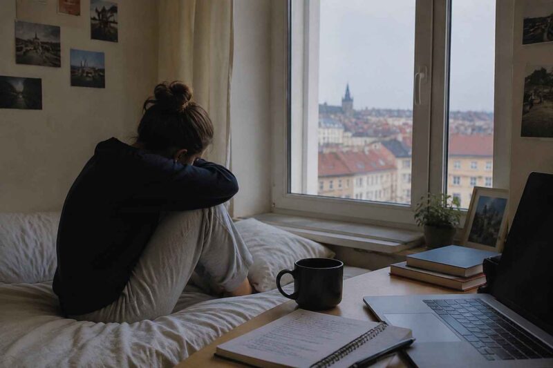 Student sitting alone on a bed beside a window in a foreign city.