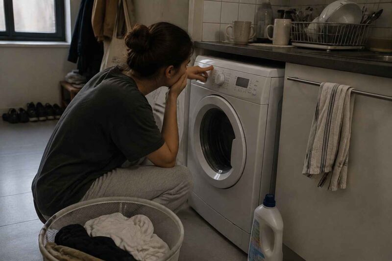 Student figuring out an unfamiliar washing machine while living abroad.