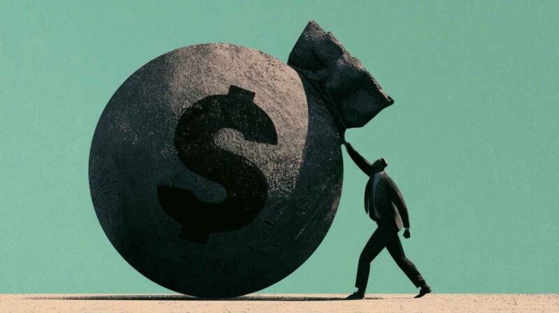 Illustration of a person pushing a large dollar symbol representing the challenge of paying down acquisition debt.