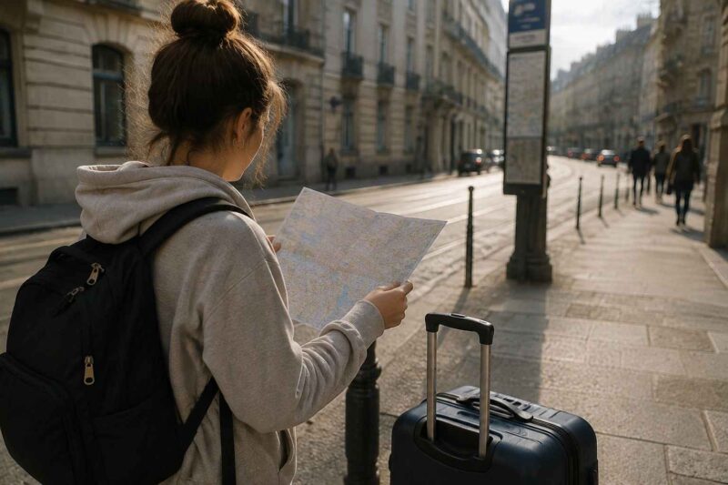 Student navigating a foreign city with a map and suitcase.