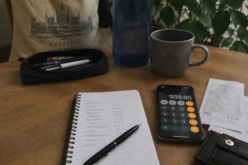 Study desk with notebook, calculator, receipts and budgeting notes.