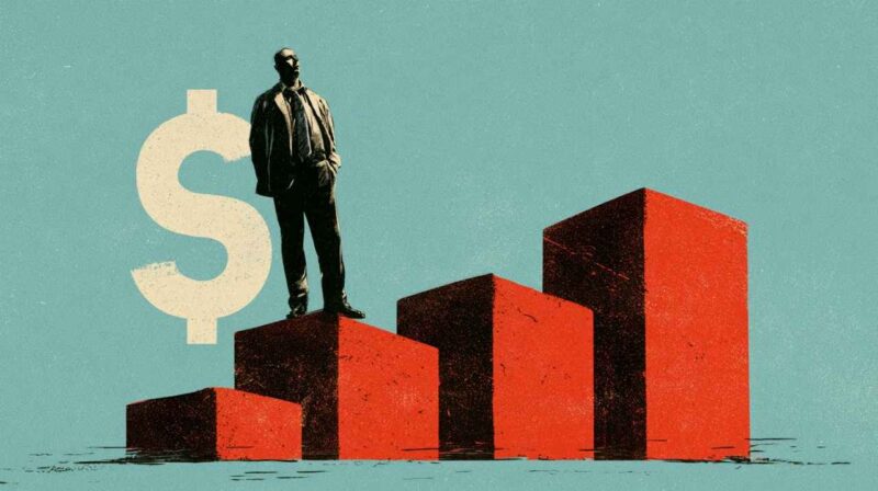 Illustration of a businessman standing on rising blocks with a dollar symbol representing company valuation.