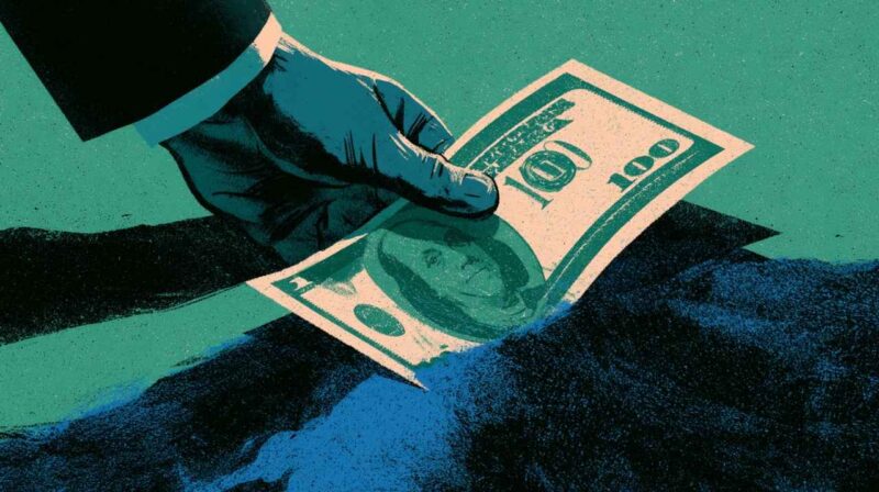 Illustration of a hand placing a dollar bill over a surface representing private equity returns.